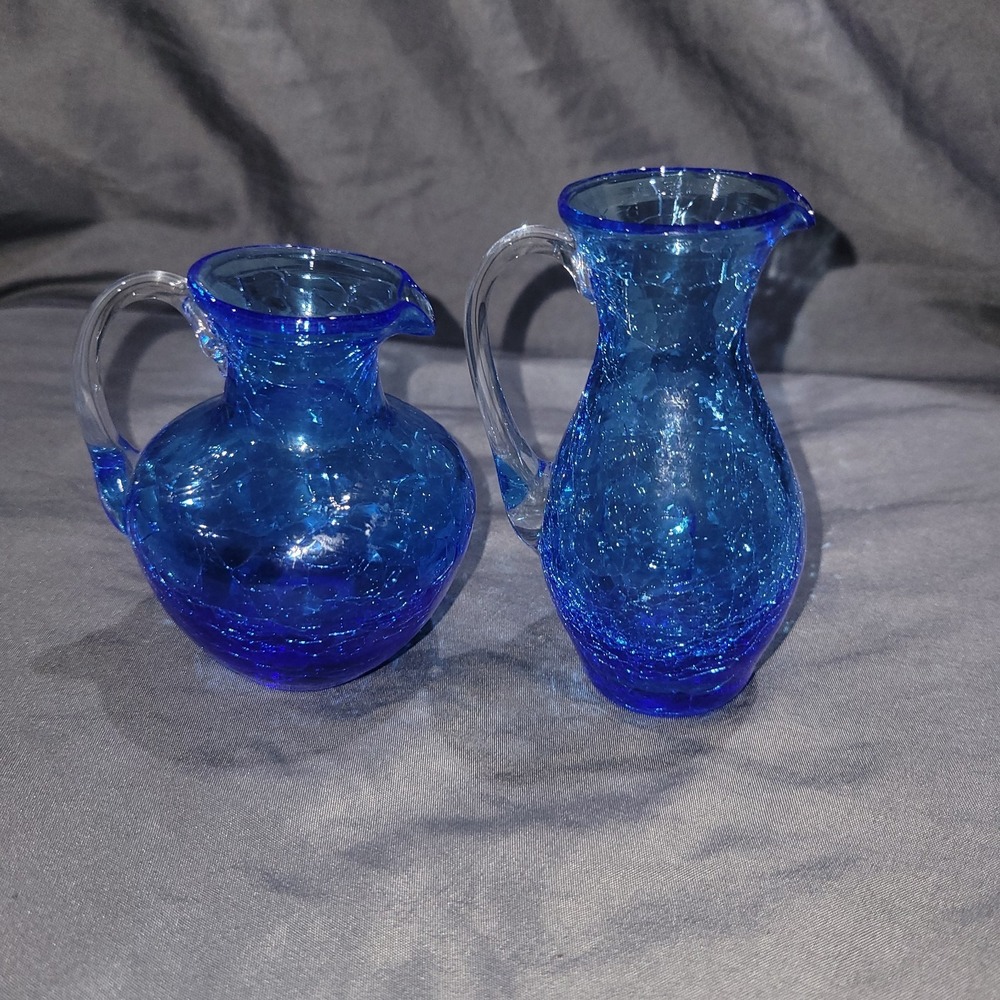Vintage Mid Century Blue Hand Blown Crackle Small Pitchers Set Of 2 - Picture 5 of 10
